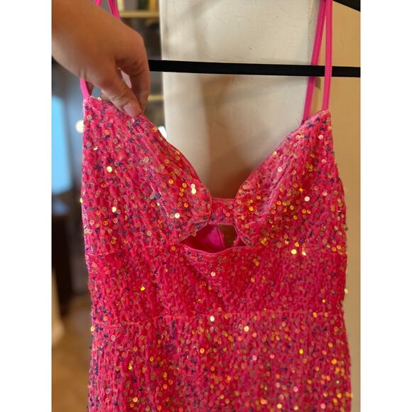 Double Crazy Pink Sequin Crystal Beaded Hem Mini Dress Size S 2-6 - Picture 5 of 8